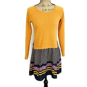 Mon Ami Womens sz S Top Layered Sweater Tunic Yellow Floral Long Sleeve